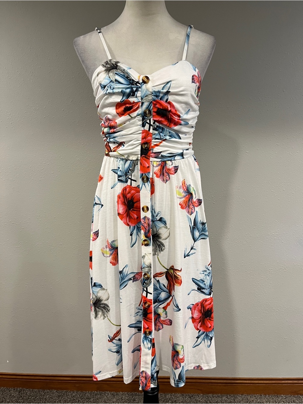 Floral‎ fake Button-Front White midi Sundress size small